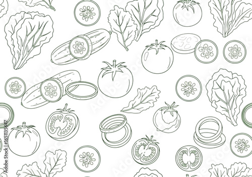 Seamless pattern with vegetables: tomatoes, cucumbers, onions and lettuce.