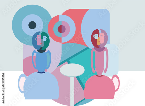 Abstract Cubism Vector Illustration of Two People
Modern abstract vector in cubist style with stylized human figures and geometric background. Symbol of communication, dialogue, and relationships. 