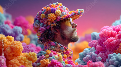 Serene man in colorful psychedelic fashion landscape. This man wearing cap and sunglasses has contemplative expression in surreal, dreamlike fantasy world