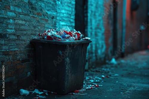 Overfilled trash bin with discarded syringes in a gloomy urban alley with weathered brick walls, conveying a sense of neglect.