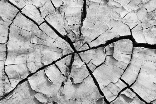 Black and white image of a tree stump with cracks radiating from the center, showing age.