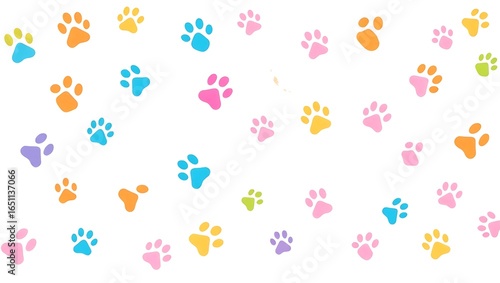 Colorful paw prints scattered across a white background
