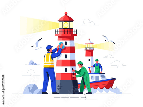 Beacon Maintenance: Illustration capturing the intricate work of maintenance teams on a classic lighthouse, with a vivid illustration of a focused team.