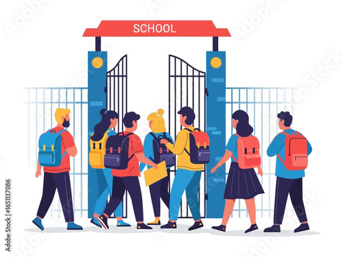 Entering the Educational Realm: Students walking towards school gate. Capturing the spirit of learning, growth, and community.