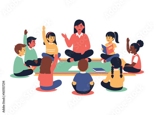 Interactive Learning Environment: A teacher leads a captivating educational session, surrounded by a group of attentive children in a brightly lit space.