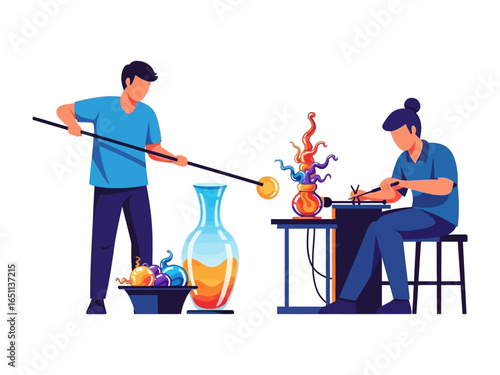 Glass Art Production: Artisans at work, meticulously crafting glass art pieces using skillful precision and expertise. A vivid scene showcasing the beauty of handmade glass sculptures.