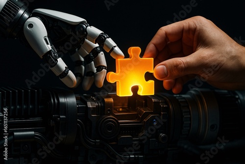 A robot and a human are holding a puzzle piece in its hands