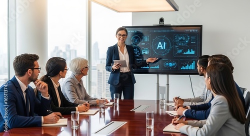 Businesswoman Presents AI Data Analytics to Diverse Team in Modern Office