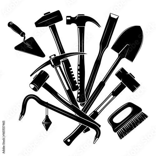 Collection of black silhouette construction and renovation tools arranged in a fan shape