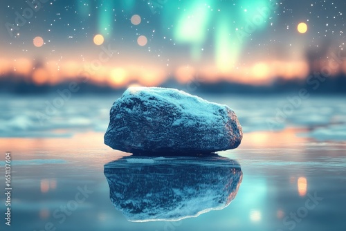 A serene winter scene features a snow-covered rock reflecting on icy water under the magical glow of the aurora borealis.