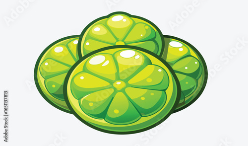Fresh green lime fruit with water drops and a leaf on a branch