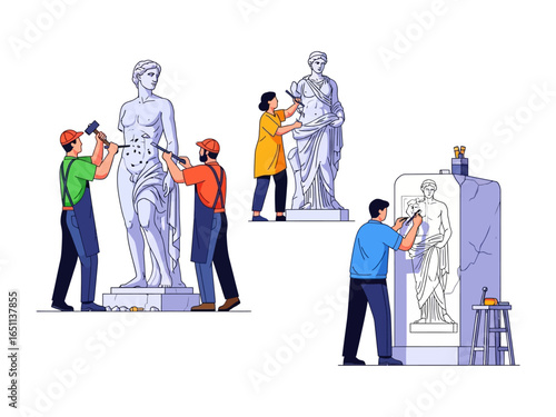 Artisan Crafting Statues: Witness the meticulous craftsmanship of artisans as they sculpt elegant statues, capturing the essence of artistic creation with precision and passion.