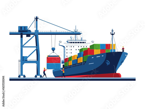 Seafaring Logistics: A busy port scene shows a massive cargo ship loaded with containers, with a crane precisely maneuvering cargo, emphasizing global trade and efficiency.