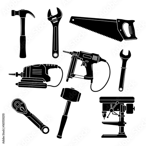 Collection of black silhouette construction and repair tools on white background hammer