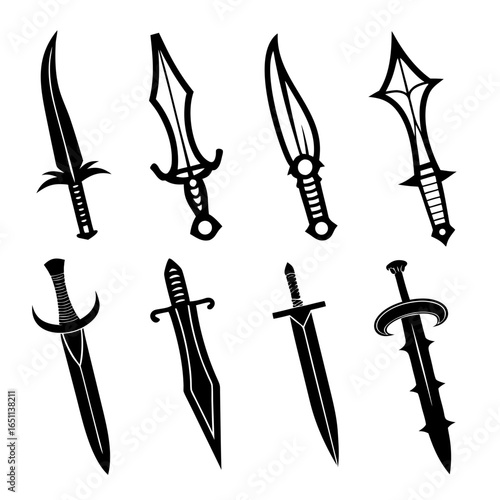 Collection of eight black silhouette sword illustrations on white background swords weapon