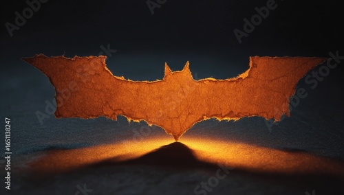 A warm-toned, paper Batman symbol, backlit