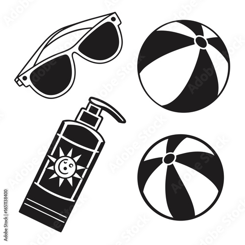 Black and white illustration of beach essentials including sunglasses sunscreen bottle with a sun graphic and two striped beach balls on a white background