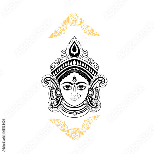 Black-white detailed face of goddess durga.