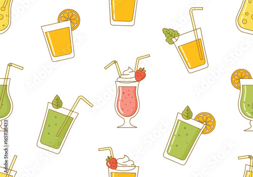 A seamless pattern of colorful cartoon summer cocktails, juices, and smoothies on a white background.