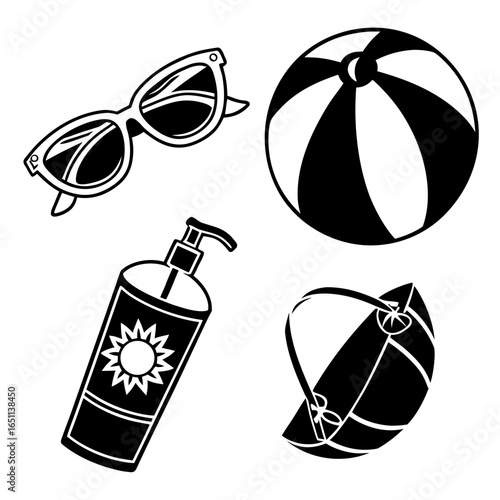 A collection of essential summer beach accessories including sunglasses a striped beach ball sunscreen lotion and a sun hat all depicted in a clean black and white graphic style