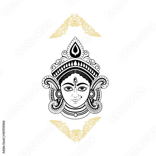 Black-white detailed face of goddess durga.