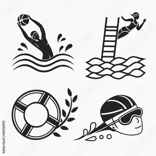Collection of stylized black and white icons representing swimming water polo diving and a life preserver with laurel leaves symbolizing aquatic sports and achievements