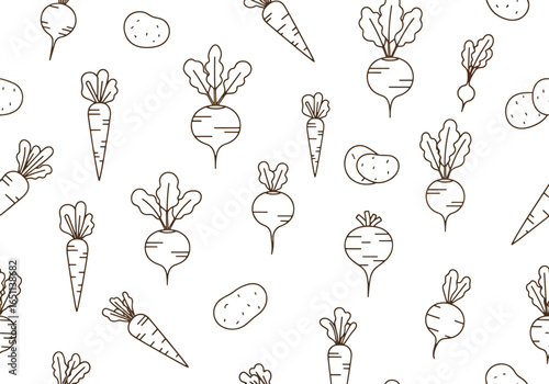 Hand-drawn seamless pattern featuring cute root vegetables like carrots, potatoes, and beets in a simple outline style.
