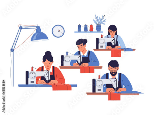 Crafting Success: A group of skilled tailors meticulously work, creating garments in a vibrant workshop atmosphere, showcasing dedication and craftsmanship.