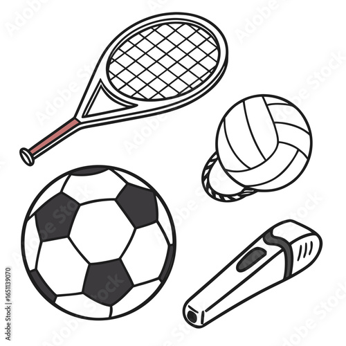 Collection of sports equipment including a soccer ball tennis racket volleyball and referee whistle on a white background