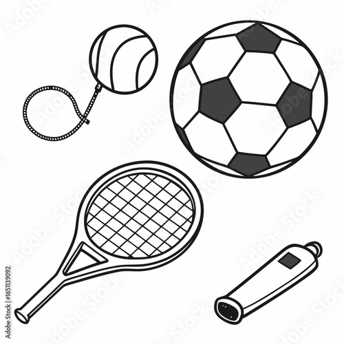 Collection of sports equipment including a soccer ball tennis racket yo yo and whistle isolated on a white background