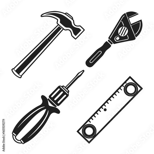 A collection of essential hand tools including a hammer adjustable wrench screwdriver and ruler are depicted in a clean graphic illustration against a white background