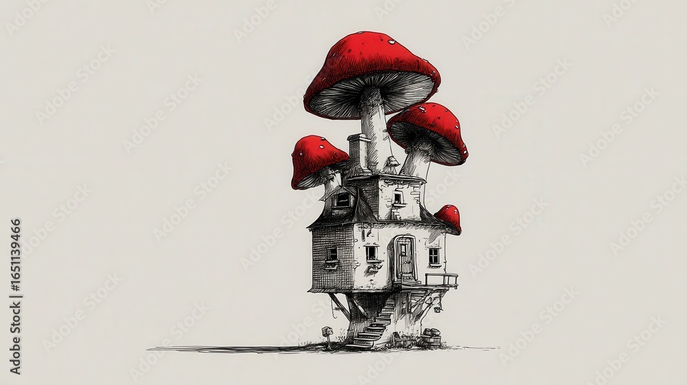 Naklejka premium A whimsical house supported by red mushrooms.