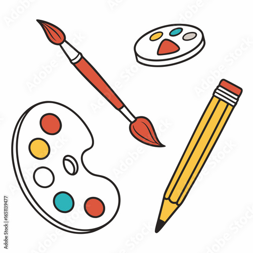 A vibrant collection of art supplies including a paintbrush two paint palettes with colorful paints and a yellow pencil on a white background
