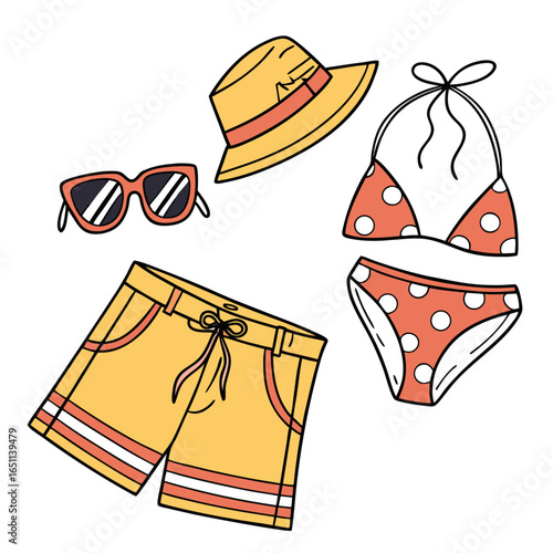 A vibrant collection of summer beachwear essentials including a polka dot bikini yellow shorts sunglasses and a sun hat perfect for vacation style