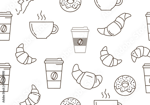 Seamless pattern of coffee cups, croissants, and donuts in a simple black and white line art style.