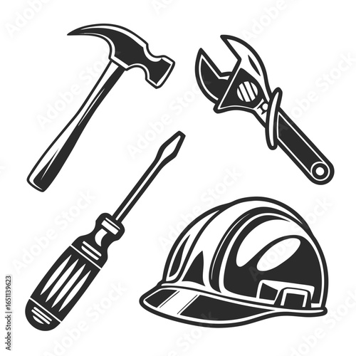 A collection of essential construction and repair tools including a hammer adjustable wrench screwdriver and a hard hat for safety and protection
