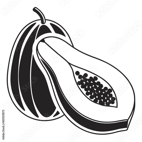 Illustration of a papaya fruit, isolated on white background, showcasing its tropical nature, healthy benefits, and suitability for vegetarian and vegan diets