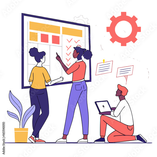 Diverse team collaborating on a project plan using a whiteboard and tablet illustrating teamwork and strategy development