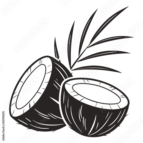 Illustration of two coconut halves with a palm leaf, isolated on white background, showcasing its texture and shape, perfect for designs related to tropical themes