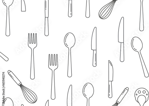 Seamless pattern of kitchen utensils: spoons, forks, knives, and whisks.