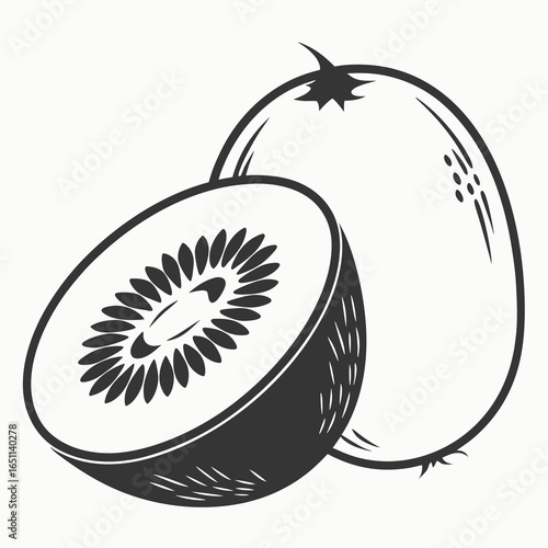 A black and white vector illustration of a kiwi fruit, isolated on white background, showcasing its vibrant green flesh and tiny black seeds