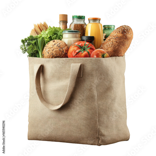 Jute Shopping Bag Filled with Fresh Groceries on Black Background grocery bag canvas, Isolated On White, Png Transparent, Cut Out