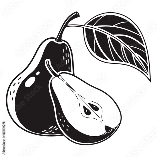 Black and white pear illustration isolated on white background, featuring a whole pear and a half pear with seeds, perfect for designs related to healthy eating and fresh produce