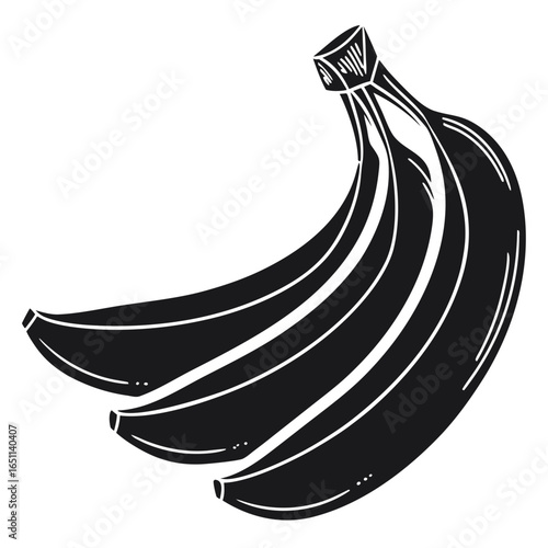 A stylized black and white illustration of a bunch of ripe bananas isolated on a white background with a clean graphic design