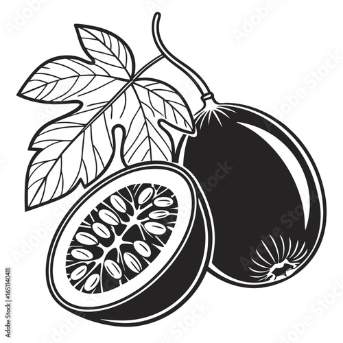 Illustration of a passionfruit with leaf, isolated on white background, showcasing its tropical nature, healthy benefits, and delicious taste in a minimalist monochrome style