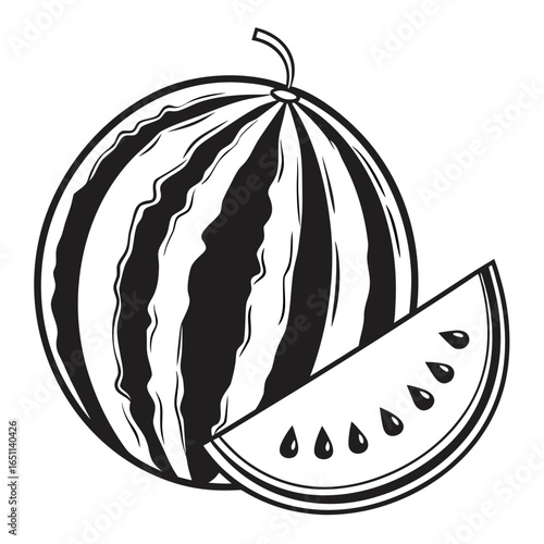 A stylized black and white illustration of a whole watermelon with a slice cut out revealing its seeds and flesh perfect for summer themes