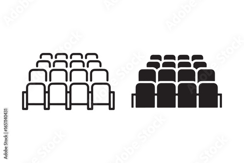 Rows of stadium seats in black and white outline audience chairs