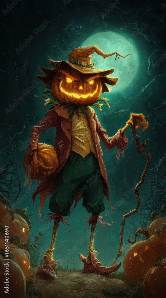 Fototapeta premium Pumpkin scarecrow stands among pumpkins at night