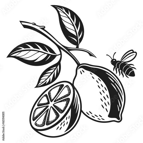 A stylized black and white illustration of a lemon branch with a whole lemon a sliced lemon and a bee flying nearby