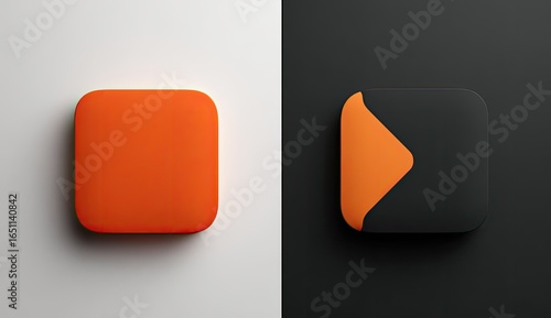 Two square icons, orange and black, with a curved orange edge
